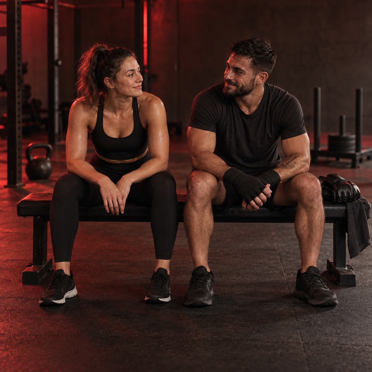A functional fitness athlete and an MMA athlete resting together after training in a warm red-lit gym. AI-generated campaign artwork.